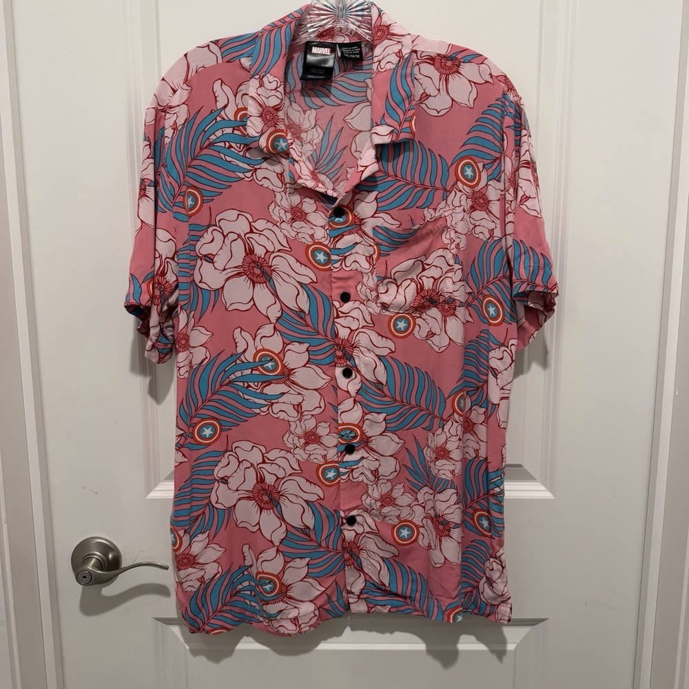 Marvel Captain America Pink Floral‎ Hawaiian Shirt Men's XL Button Front